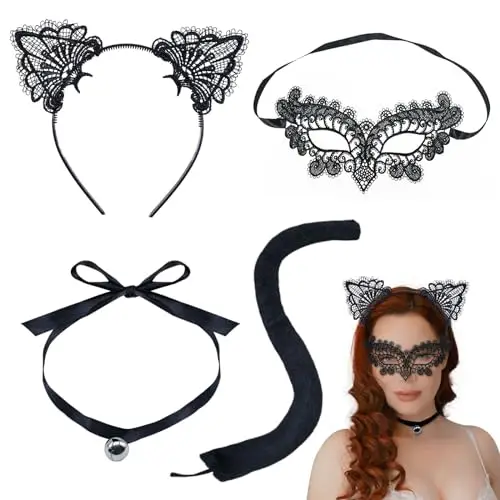EUPSIIU 4 Pezzi Cerchietto Orecchie Gatto Cerchietti con Orecchie di Gatto in Pizzo di Halloween con Pizzo Maschera