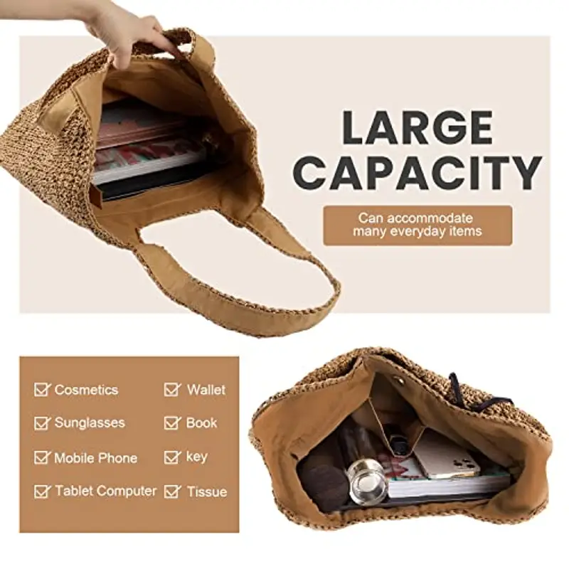 EVEOUT Borse Tote in paglia per Donna Grande Borse a spalla da spiaggia in paglia Stile bohémien estivo Borsa vacanza miniatura 4