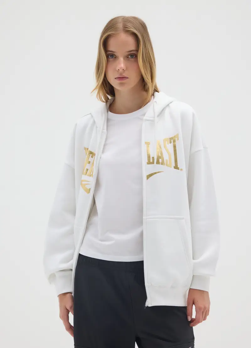 Felpa Bianca Con Cappuccio In Misto Cotone Con Zip E Stampa, Donna, Bianco miniatura 2