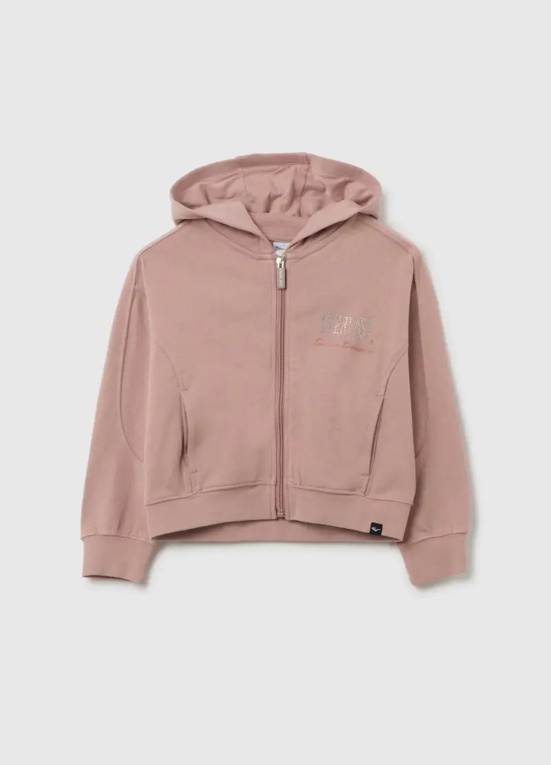 Felpa Con Cappuccio Da Bambina In Puro Cotone Rosa E Zip, Rosa