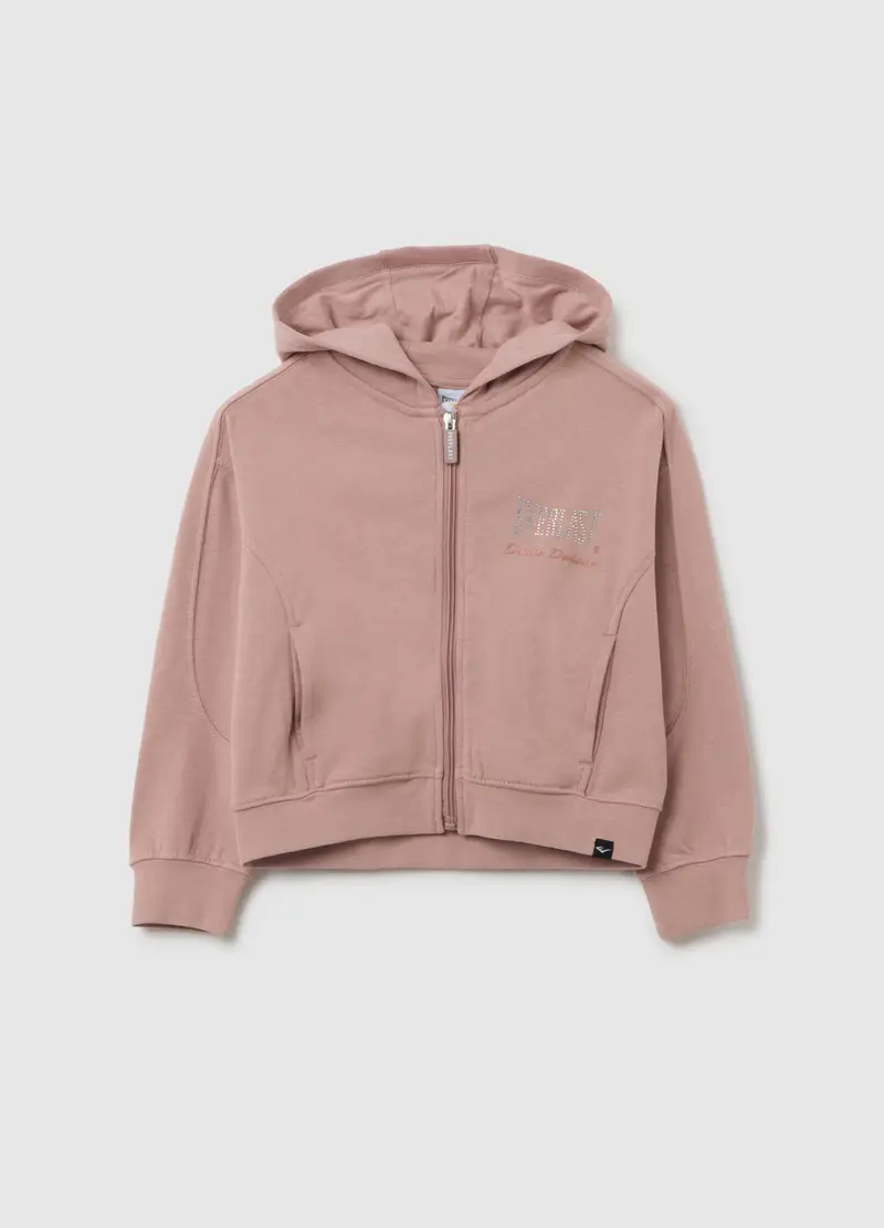 Felpa Con Cappuccio Da Bambina In Puro Cotone Rosa E Zip, Rosa