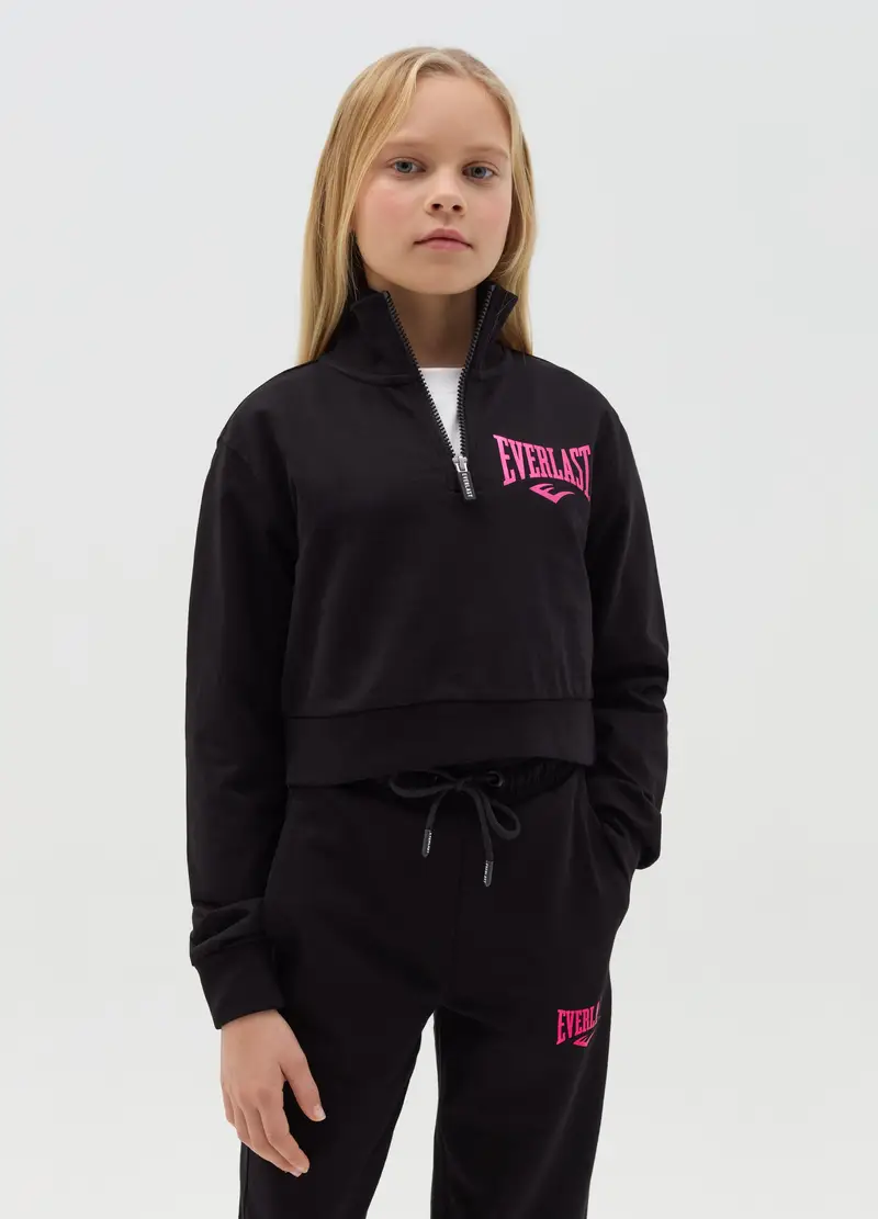 Felpa Cropped Mezza Zip Con Stampa Logo, Bambina, Nero