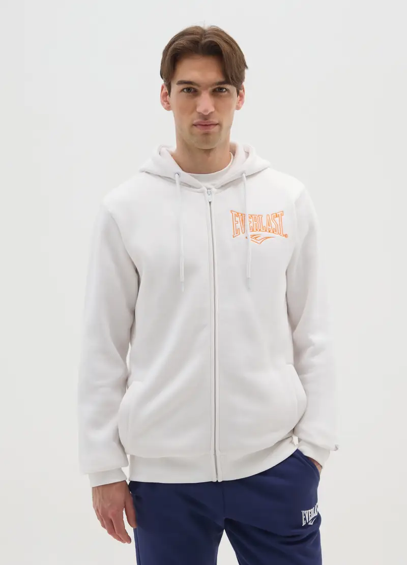 Felpa In Misto Cotone Bianca Con Cappuccio E Zip, Uomo, Bianco