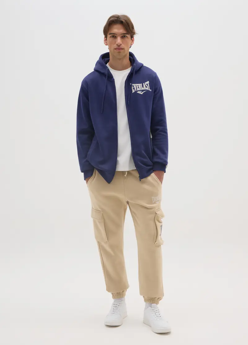 Felpa In Misto Cotone Blu Con Cappuccio E Zip, Uomo, Blu miniatura 2