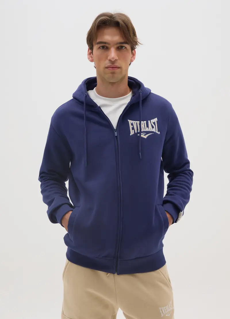 Felpa In Misto Cotone Blu Con Cappuccio E Zip, Uomo, Blu