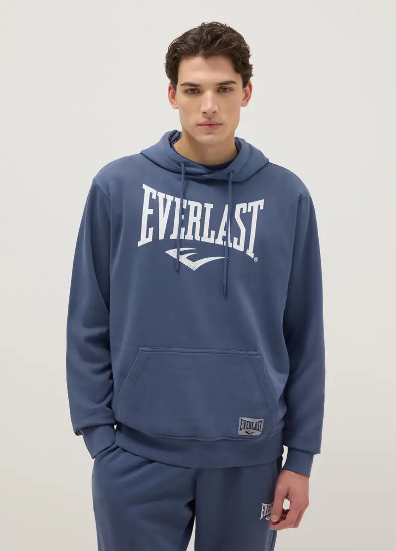 Felpa In Misto Cotone Blu Regular Fit Con Cappuccio E Logo Everlast, Uomo, Blu