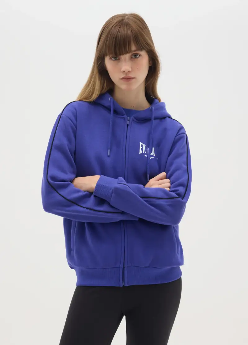 Felpa In Misto Cotone Blu Regular Fit Con Cappuccio E Zip, Donna, Blu miniatura 2