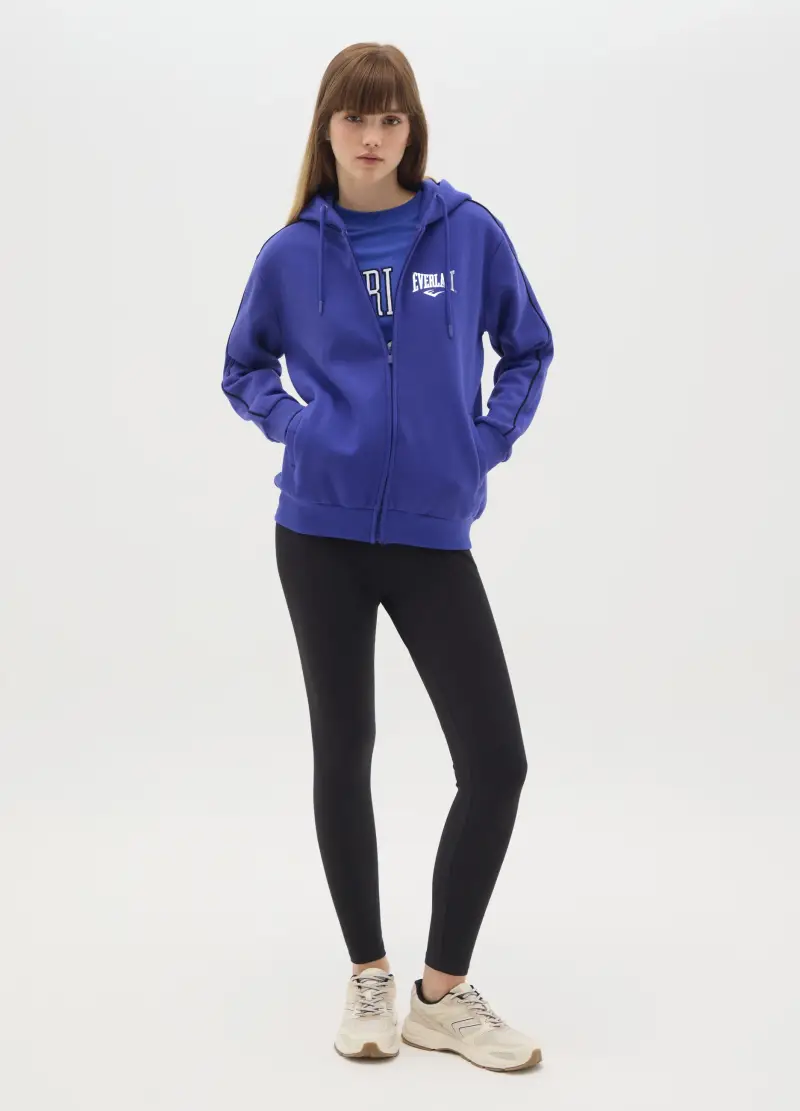Felpa In Misto Cotone Blu Regular Fit Con Cappuccio E Zip, Donna, Blu
