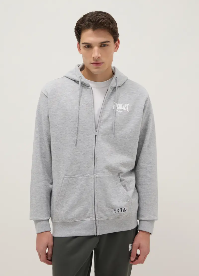 Felpa In Misto Cotone Grigia Regular Fit Con Cappuccio E Zip, Uomo, Grigio