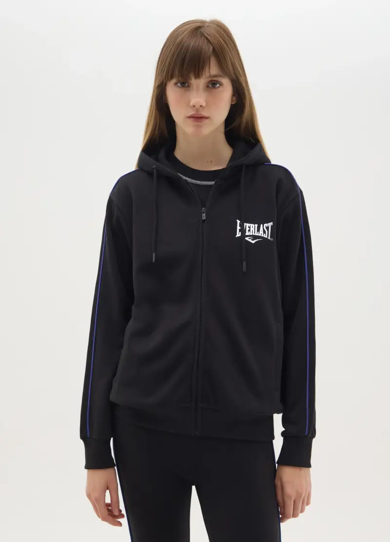 Felpa In Misto Cotone Nera Regular Fit Con Cappuccio E Zip, Donna, Nero miniatura 2