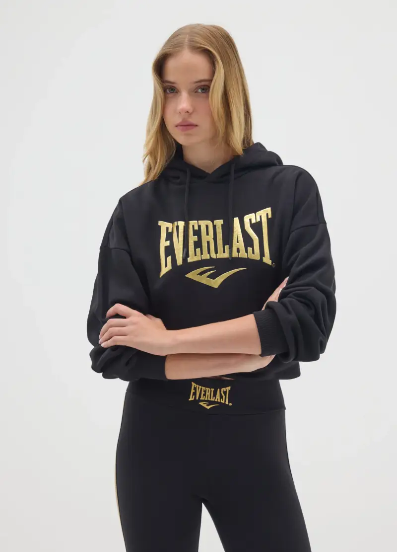 Felpa Nera Con Cappuccio In Misto Cotone Con Stampa Everlast, Donna, Nero