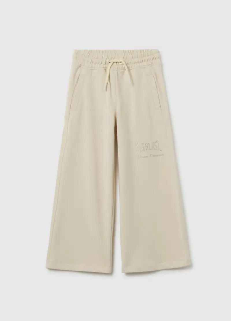 Pantaloni Da Bambina In Puro Cotone Beige Wide Leg, Beige