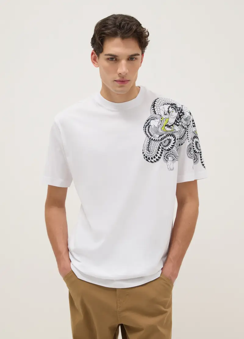 T-shirt In Puro Cotone Bianco Regular Fit Con Grafica, Uomo, Bianco
