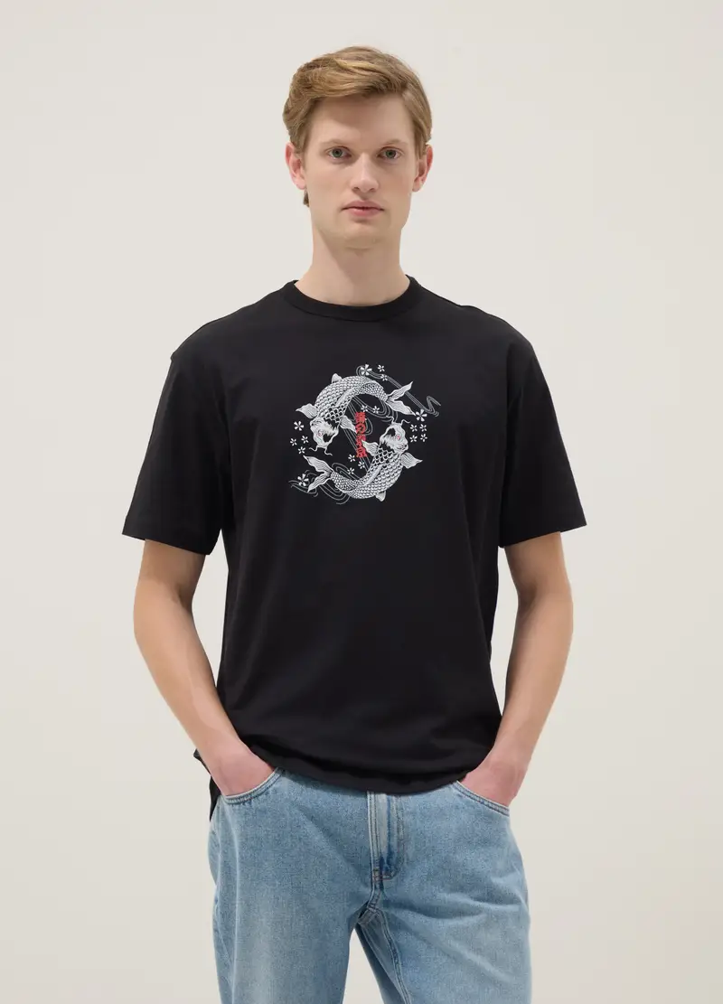 T-shirt In Puro Cotone Nero Regular Fit Con Stampa Carpe Koi, Uomo, Nero miniatura 2
