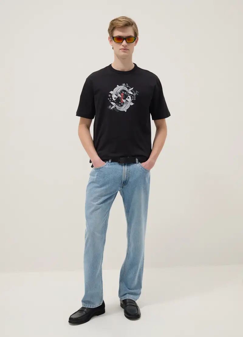 T-shirt In Puro Cotone Nero Regular Fit Con Stampa Carpe Koi, Uomo, Nero