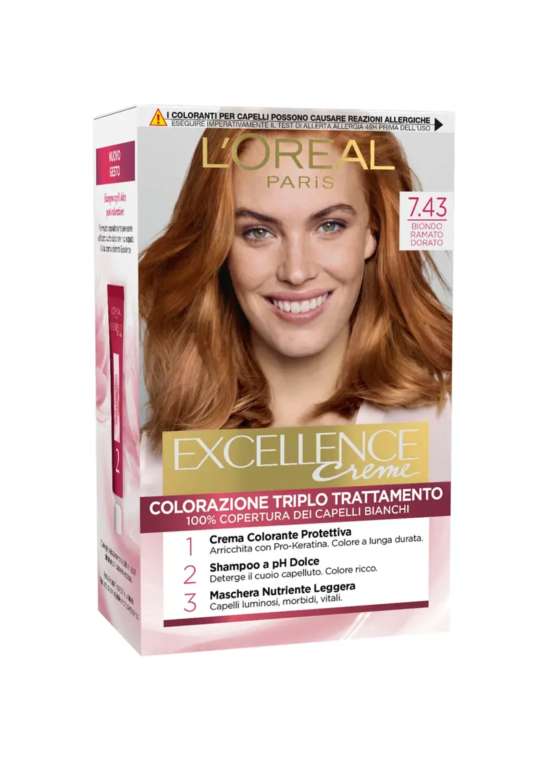 EXCELLENCE, L'oréal Paris Tinta Capelli Excellence, Copre I Capelli Bianchi, Colore Ricco, Luminoso E A Lunga Durata, 7.43 Biondo Ramato Dorato., Donna, Giallo uovo, Taglia: FASUL
