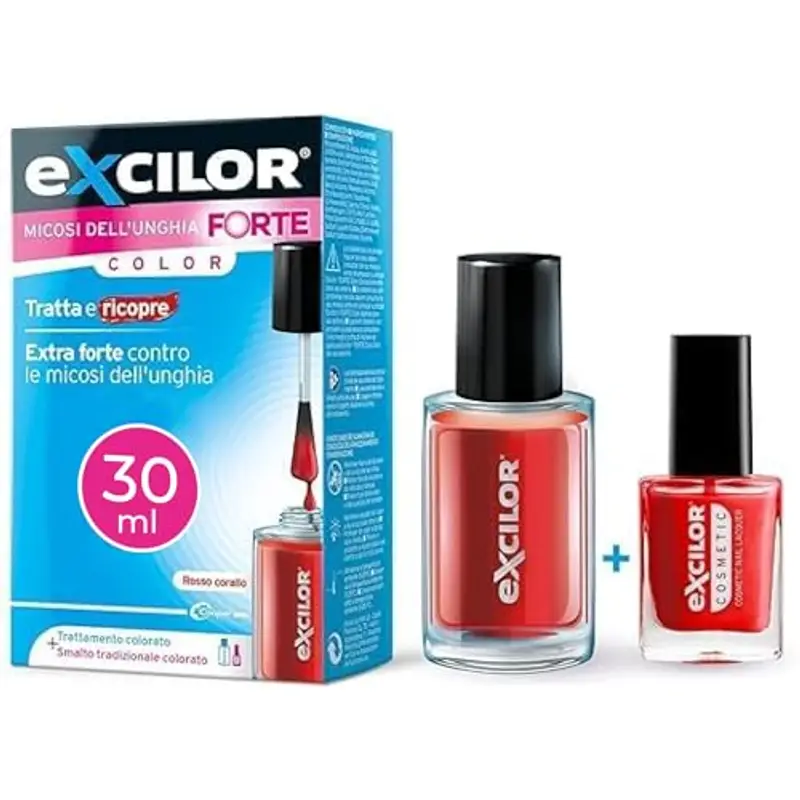 Excilor Micosi dell’Unghia Forte Color, Smalto Rosso per Trattamento della Micosi dell'Unghia Attivo Contro le micosi Persistenti, Confezione con Trattamento Colorato 30 ml e Smalto Cosmetico 8 ml