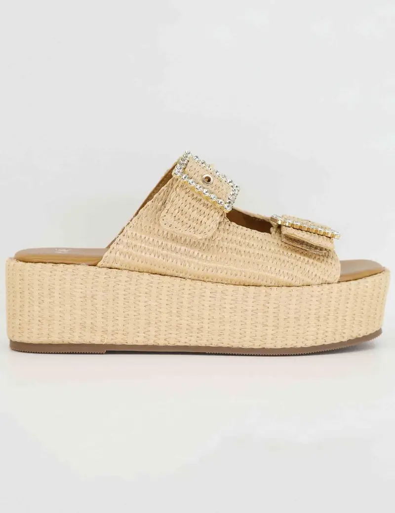 Sandali donna in rafia beige con zeppa e fibbe laterali Donna U47002523284 3166-0