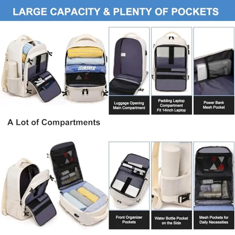 EZUOLA Zaino Ryanair 40x20x25 per Donna 20L Bagaglio a Mano Piccolo da Viaggio Aereo Casual 14 Pollici Porta PC Borsa da Cabina con Porta USB, Beige miniatura 3