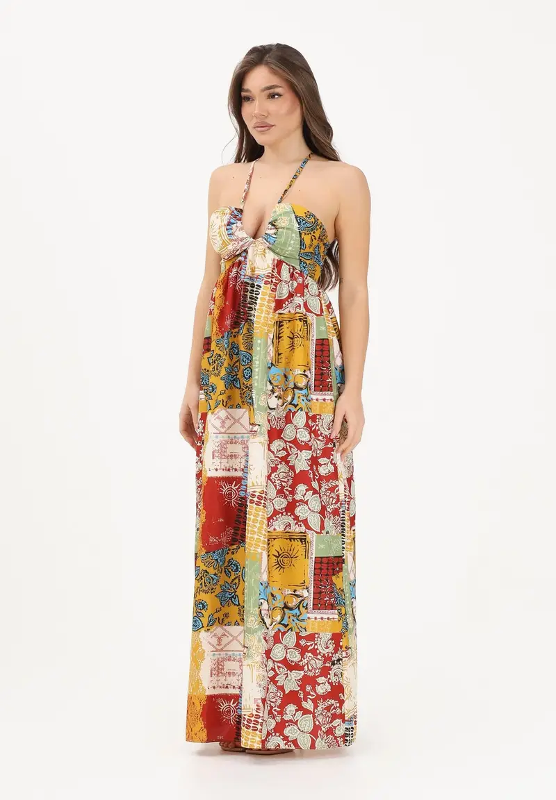 Abito lungo multicolore da donna con stampa patchwork