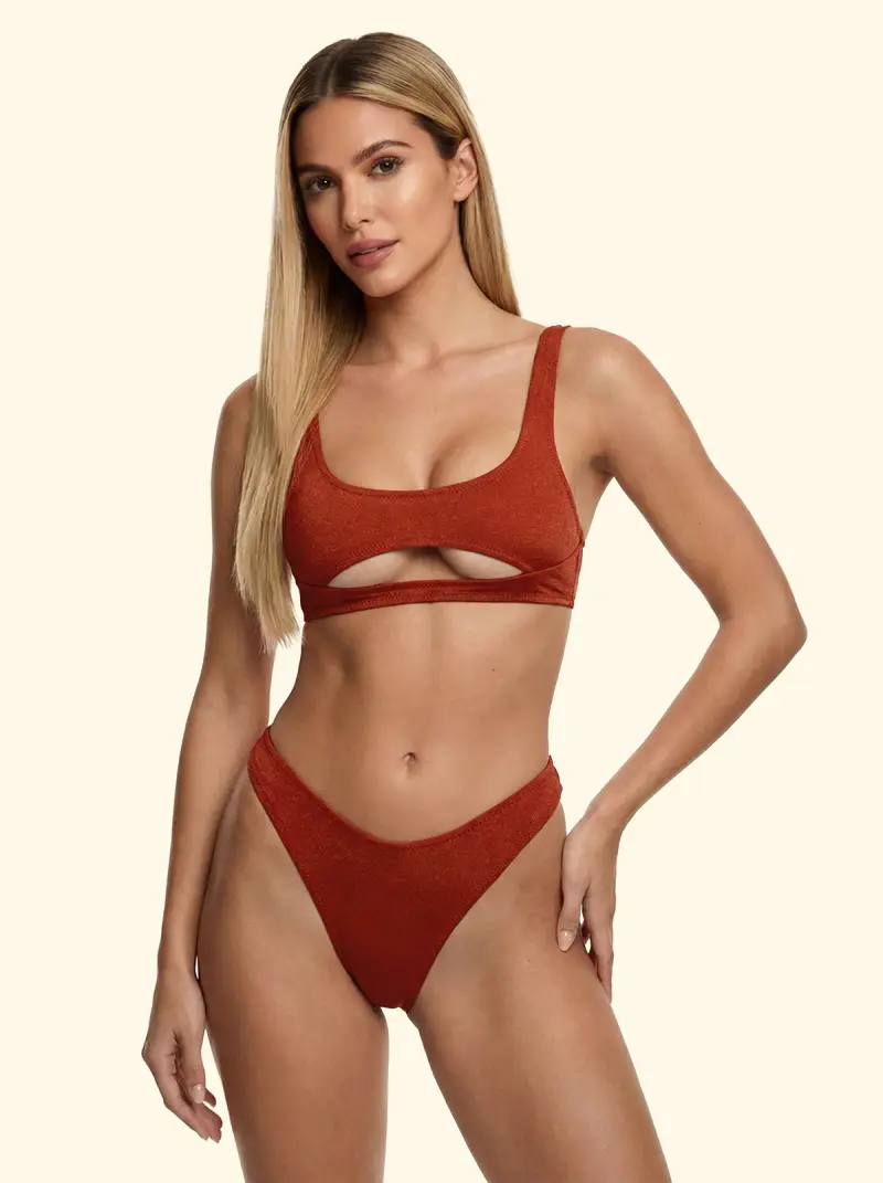 Bikini Donna F**K Top Fisso con Slip Brasiliano Vita Alta Ruggine SW18