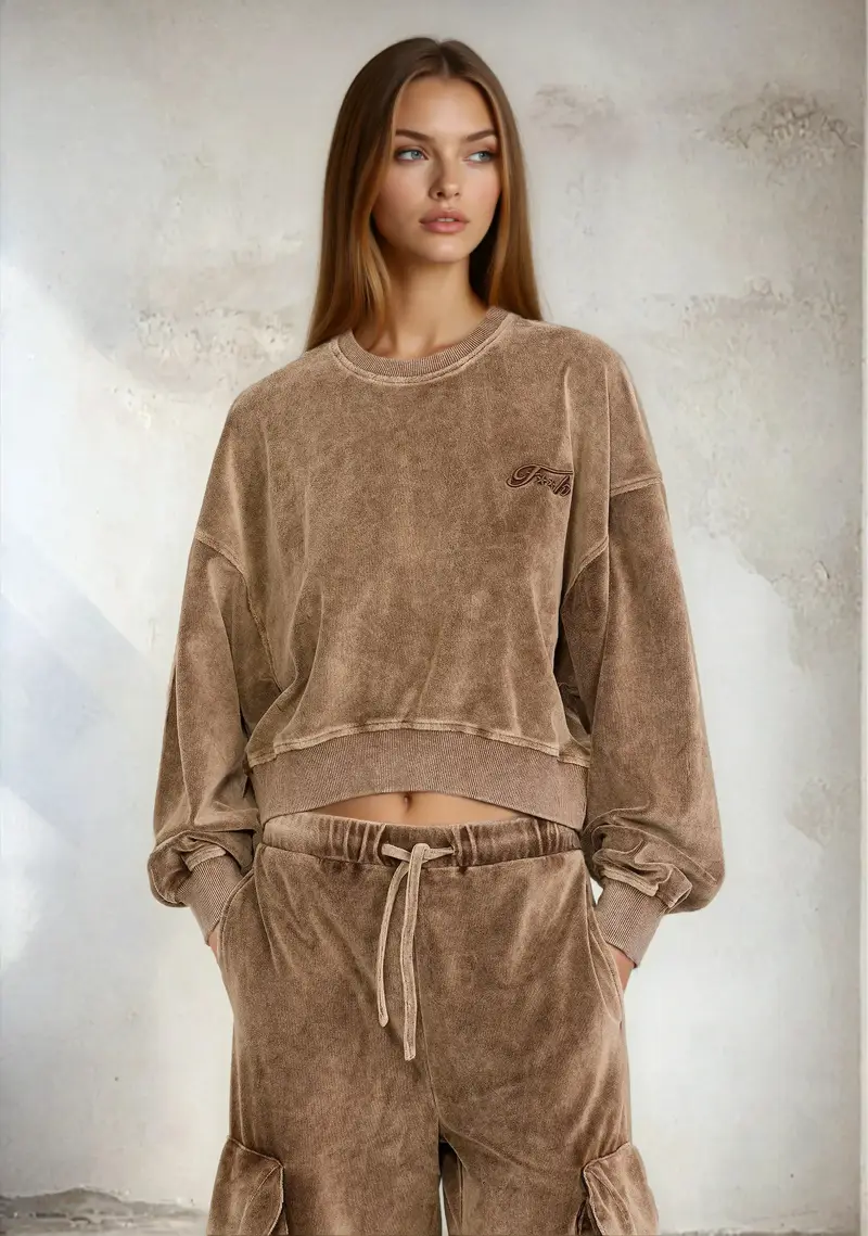 Felpa crop Donna F**K Light brown W0406-LB miniatura 2