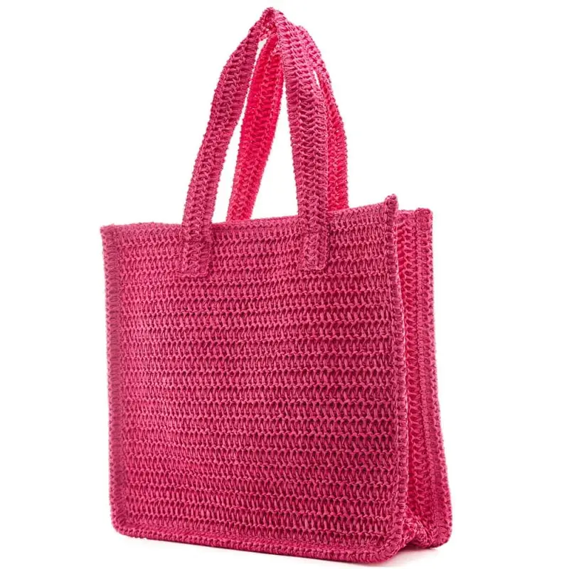 tote summer bag da donna in tessuto intrecciato con logo ricamato sul davanti fuxia miniatura 3