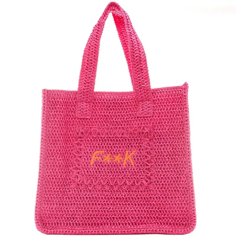 tote summer bag da donna in tessuto intrecciato con logo ricamato sul davanti fuxia