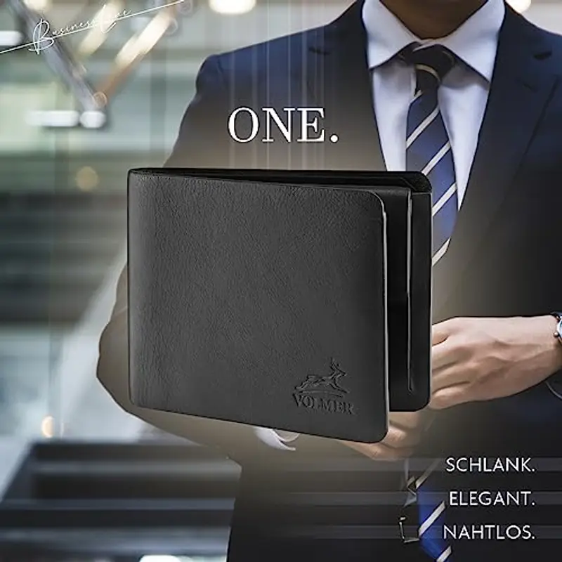 Fa.Volmer ® Portafoglio in pelle da uomo di alta qualità - Senza fodera, pura pelle, senza cuciture - Angoli arrotondati - Ampia tasca per monete - Protezione RFID - Business ONE (Nero senza cuciture) miniatura 2