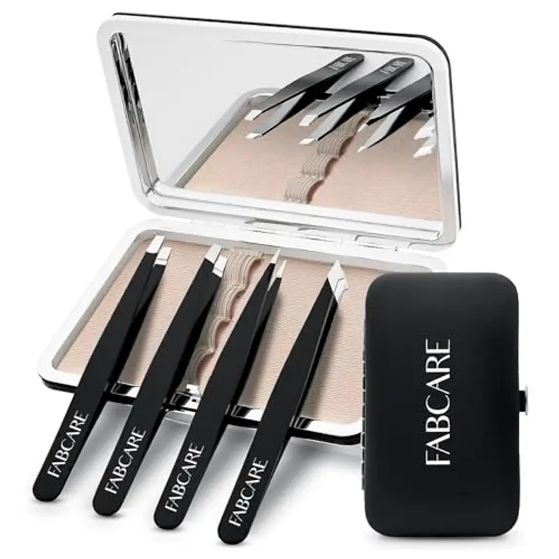 FABCARE Pinzetta Sopracciglia Professionale con Specchio & Custodia, Set Pinzette Sopracciglia per Epilazione Precisa, Pinzetta Peli in Acciaio Inox, Antiscivolo & Ergonomica