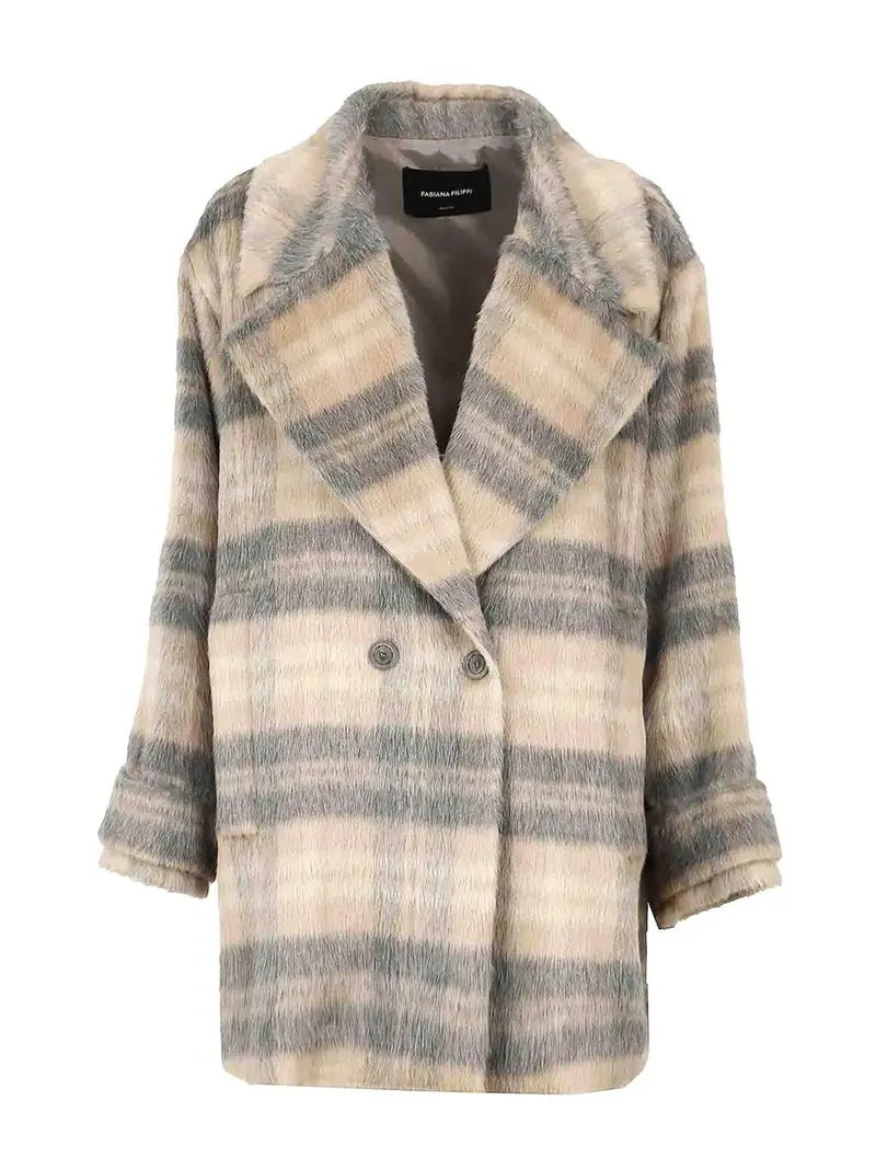 Cappotto Doppiopetto Grigio Rosa A Quadri Beige