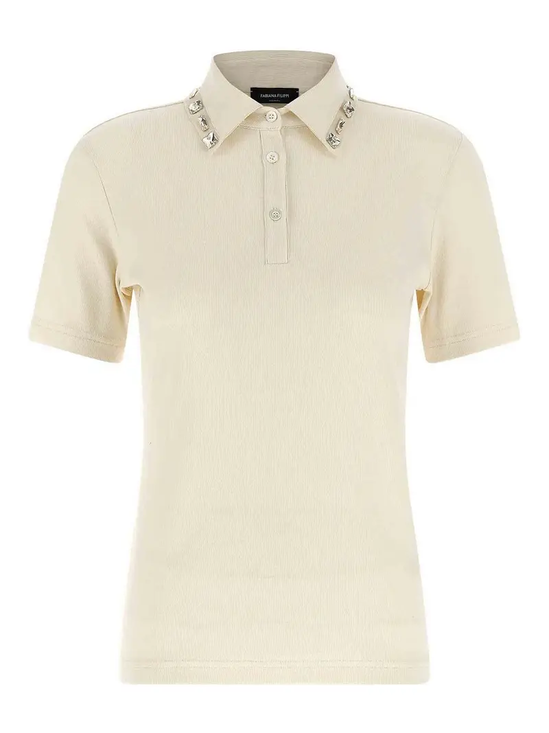Polo con colletto in cristalli Beige