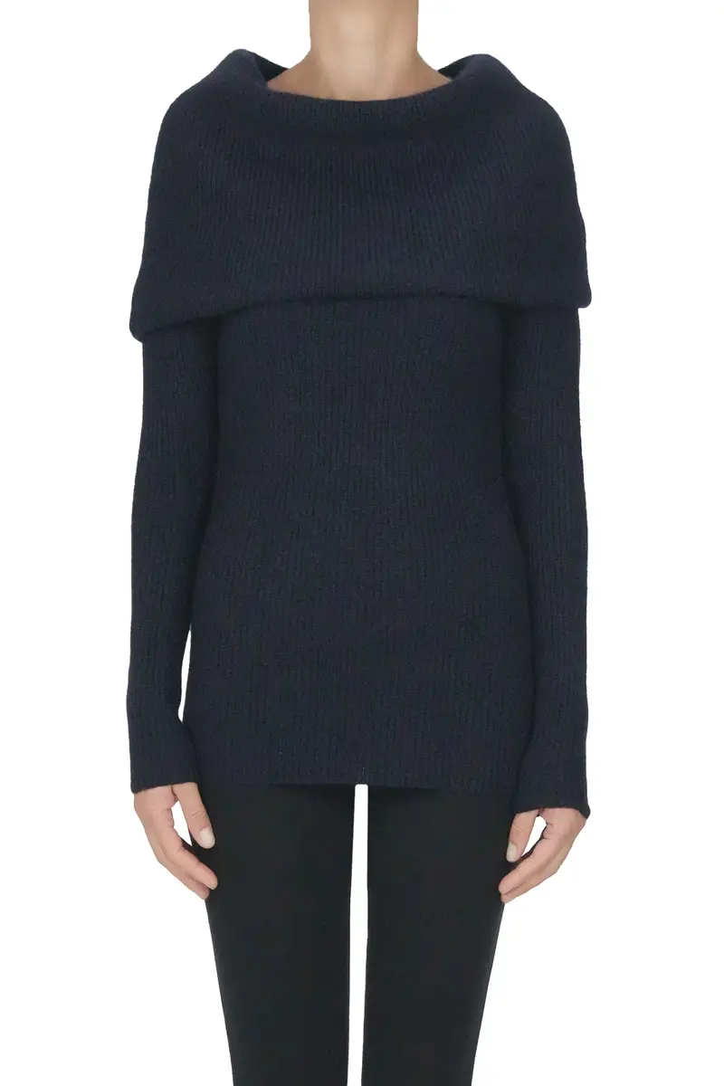 Pullover a costine con maxi collo Blu Marino