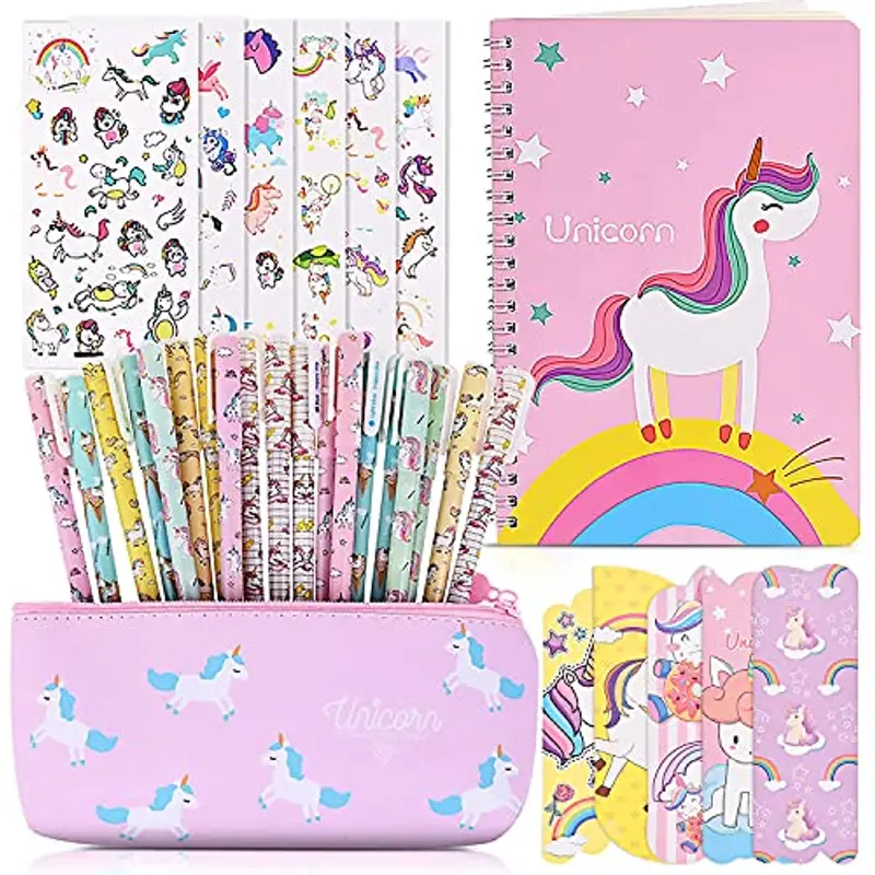 faburo Cancelleria per Unicorno, 20pz Penne per Unicorno Simpatico Regalo, 1pz Notebook per Materiale Scolastico, 6pz Adesiva Regalo Compleanno Bambini Ragazze