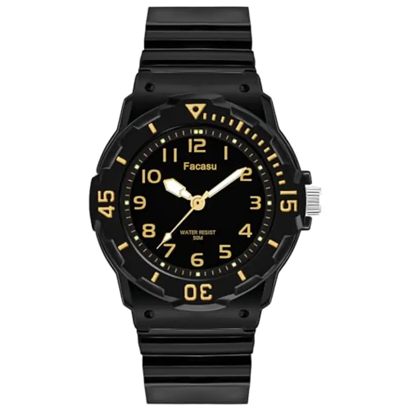 Facasu Orologio Analogico Bambini Ragazzi Ragazze,Impermeabile Fino a 50M,Cinturino Morbido Orologio Facile Leggere Imparare l'ora Bambini dai 4 ai 12 anni (Nero Oro)