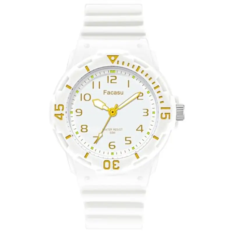 Facasu Orologio Analogico Bambini Ragazzi Ragazze,Orologio al quarzo impermeabile Fino a 50M,Cinturino Morbido Orologio Facile Leggere Imparare l'ora Bambini dai 4 ai 12 anni (Bianco)