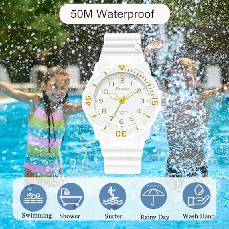 Facasu Orologio Analogico Bambini Ragazzi Ragazze, Orologio al quarzo impermeabile Fino a 50M, Cinturino Morbido Orologio Facile Leggere Imparare l'ora Bambini dai 4 ai 12 anni (Bianco) miniatura 2