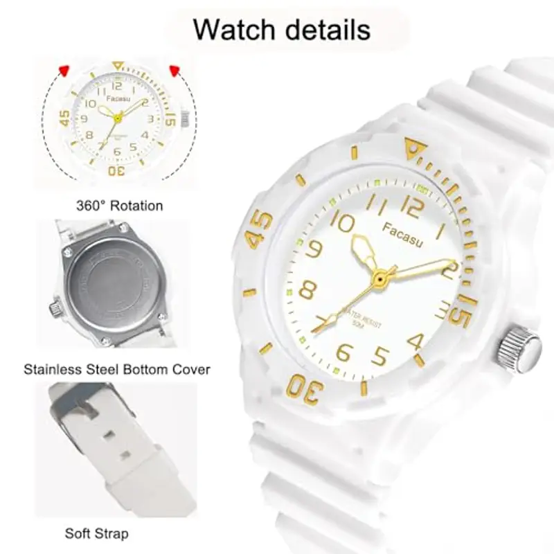 Facasu Orologio Analogico Bambini Ragazzi Ragazze, Orologio al quarzo impermeabile Fino a 50M, Cinturino Morbido Orologio Facile Leggere Imparare l'ora Bambini dai 4 ai 12 anni (Bianco) miniatura 3
