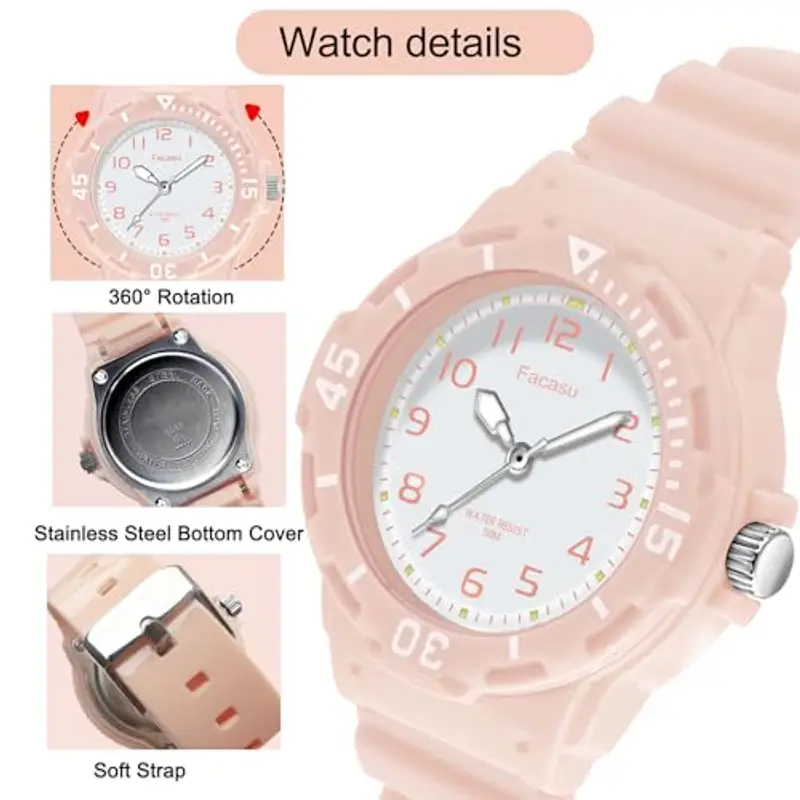 Facasu Orologio Analogico Bambini Ragazzi Ragazze, Orologio al quarzo impermeabile Fino a 50M, Cinturino Morbido Orologio Facile Leggere Imparare l'ora Bambini dai 4 ai 12 anni (Rosa) miniatura 2