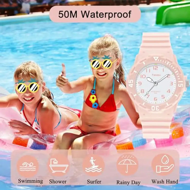 Facasu Orologio Analogico Bambini Ragazzi Ragazze, Orologio al quarzo impermeabile Fino a 50M, Cinturino Morbido Orologio Facile Leggere Imparare l'ora Bambini dai 4 ai 12 anni (Rosa) miniatura 3