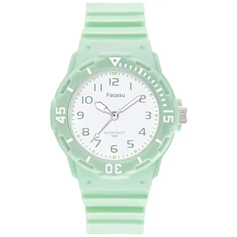 Facasu Orologio Analogico Bambini Ragazzi Ragazze,Orologio al quarzo impermeabile Fino a 50M,Cinturino Morbido Orologio Facile Leggere Imparare l'ora Bambini dai 4 ai 12 anni (Verde)