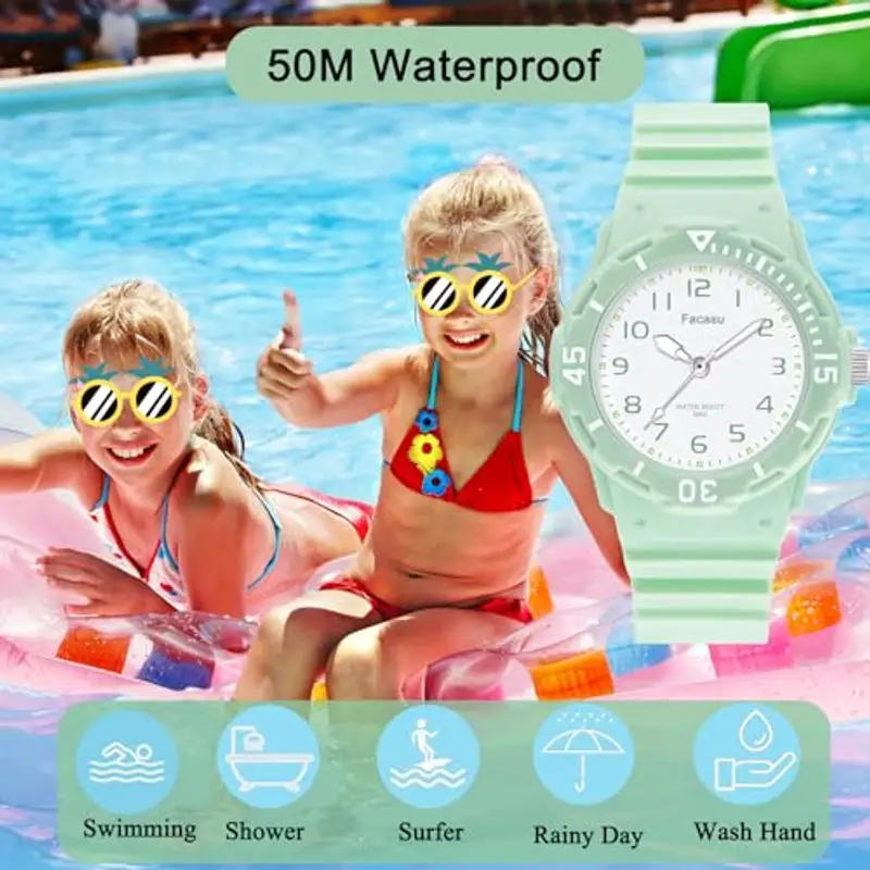Facasu Orologio Analogico Bambini Ragazzi Ragazze, Orologio al quarzo impermeabile Fino a 50M, Cinturino Morbido Orologio Facile Leggere Imparare l'ora Bambini dai 4 ai 12 anni (Verde) miniatura 2