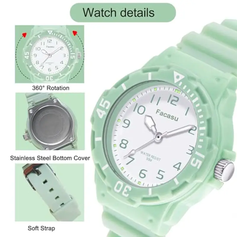 Facasu Orologio Analogico Bambini Ragazzi Ragazze, Orologio al quarzo impermeabile Fino a 50M, Cinturino Morbido Orologio Facile Leggere Imparare l'ora Bambini dai 4 ai 12 anni (Verde) miniatura 3