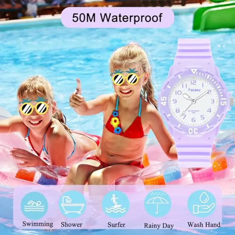 Facasu Orologio Analogico Bambini Ragazzi Ragazze, Orologio al quarzo impermeabile Fino a 50M, Cinturino Morbido Orologio Facile Leggere Imparare l'ora Bambini dai 4 ai 12 anni (Viola) miniatura 2
