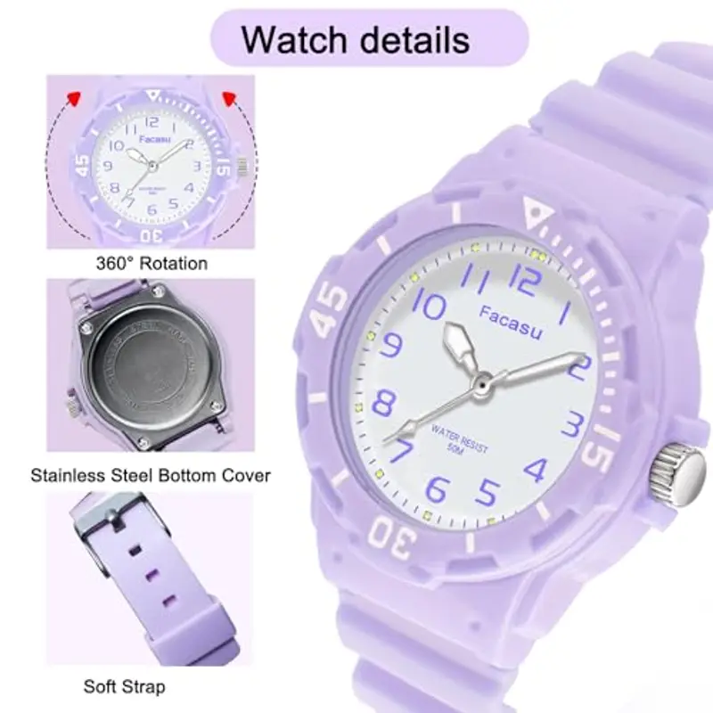 Facasu Orologio Analogico Bambini Ragazzi Ragazze, Orologio al quarzo impermeabile Fino a 50M, Cinturino Morbido Orologio Facile Leggere Imparare l'ora Bambini dai 4 ai 12 anni (Viola) miniatura 3