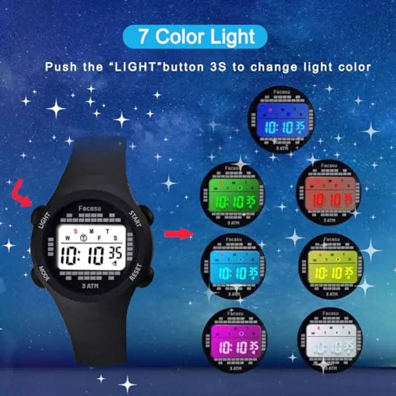 Facasu Orologio Digitale Bambini Bambine, Orologio Ragazzi Ragazze Sportivo per Esterni Impermeabile, Colorato con Luce e Cronometro Sveglia Regalo Bambini Bambine Ragazzi miniatura 2