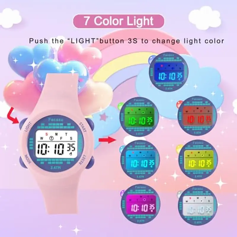 Facasu Orologio Digitale Bambini Bambine, Orologio Ragazzi Ragazze Sportivo per Esterni Impermeabile, Colorato con Luce e Cronometro Sveglia Regalo Bambini Bambine Ragazzi miniatura 2