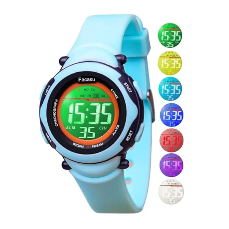 Facasu Orologio digitale bambini ragazze e ragazzi, impermeabile per bambini,luce colorata,per sport all'aria aperta,facile da leggere e regolare l'ora con allarme per bambini (Blu)