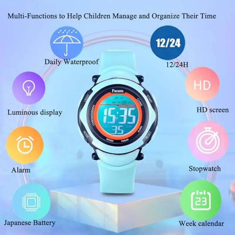 Facasu Orologio digitale bambini ragazze e ragazzi, impermeabile per bambini, luce colorata, per sport all'aria aperta, facile da leggere e regolare l'ora con allarme per bambini (Blu) miniatura 2