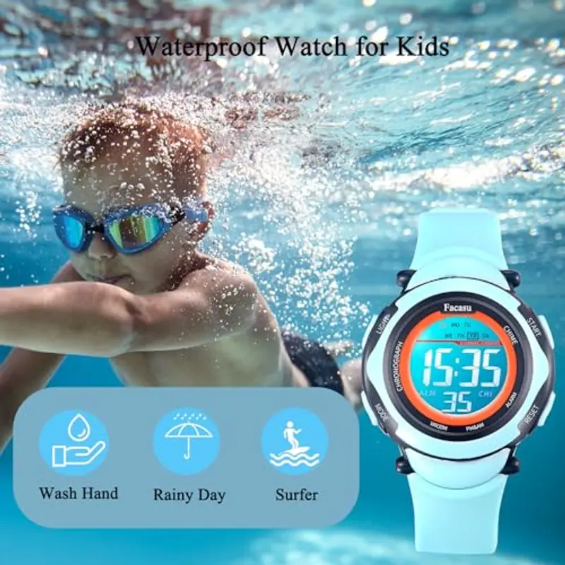 Facasu Orologio digitale bambini ragazze e ragazzi, impermeabile per bambini, luce colorata, per sport all'aria aperta, facile da leggere e regolare l'ora con allarme per bambini (Blu) miniatura 3